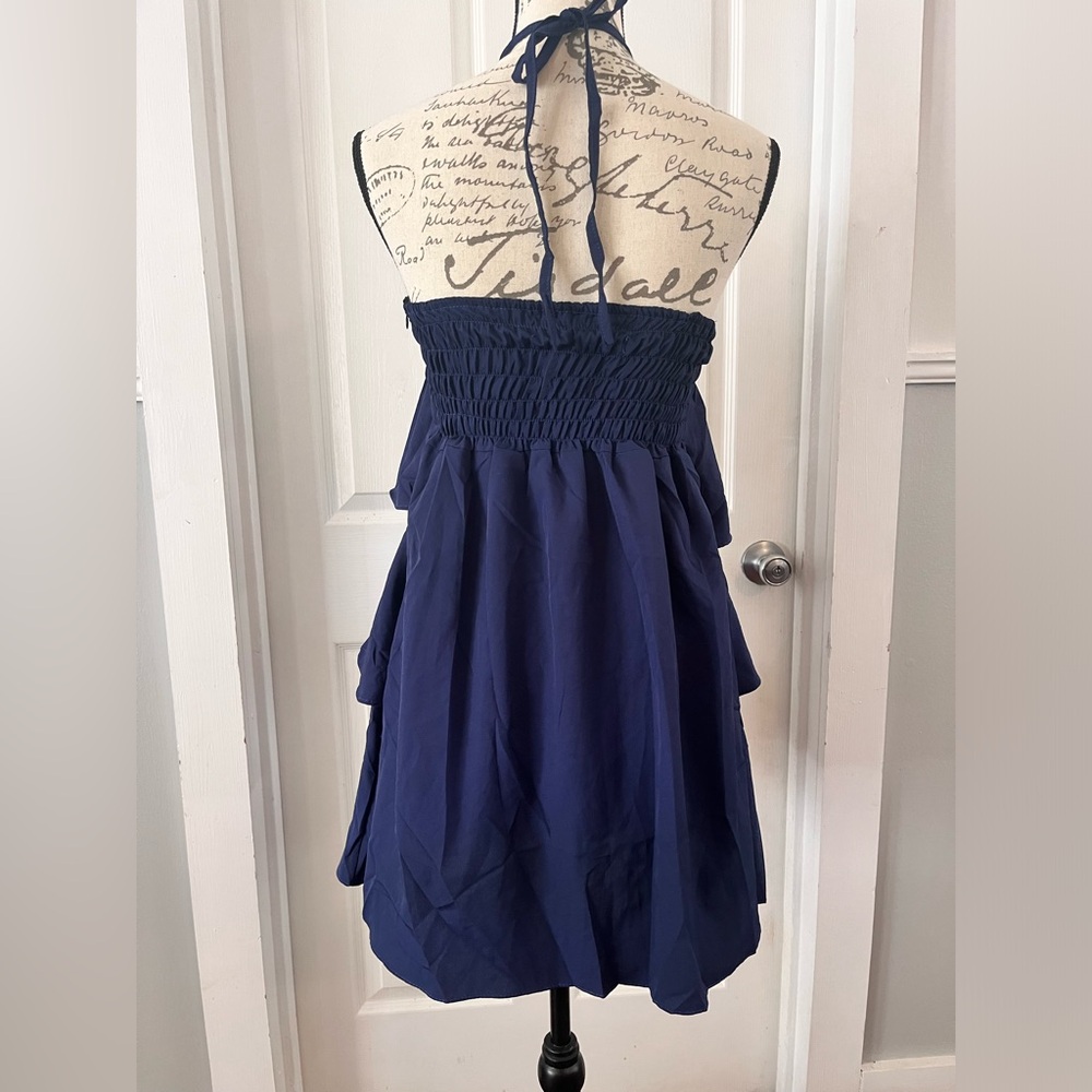 NWT Navy Blue Tiered Halter Mini Sundress Smocked Sz Small Tie Neck Bohemian - Picture 6 of 10